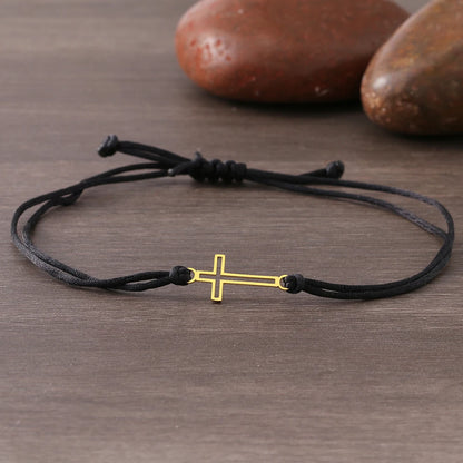 Gothic Cross Rope Bracelet - Stainless Steel Hollow Charm Hand Braided Lucky Black & Red Jewelry Gift for Women