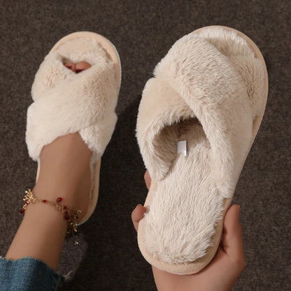 Women’s Fluffy Furry Cross Slippers – Lightweight Flat Fur Slides Non-Slip Open Toe for Autumn & Winter