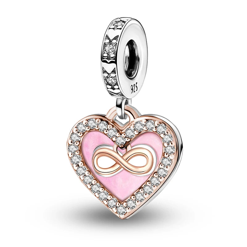 925 Sterling Silver Pink Heart Charm - Zircon Love Pendant Bead for DIY Bracelets, Bangles & Women’s Jewelry