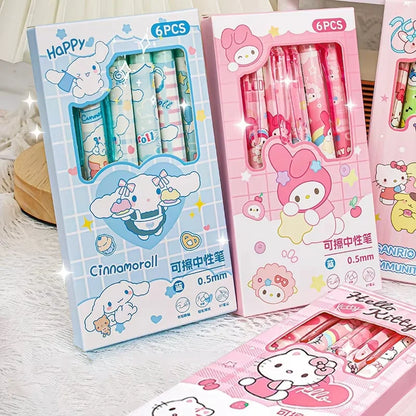 6PCS Sanrio Erasable Gel Pens – Pochacco, Kuromi, Cinnamoroll & Hello Kitty Neutral Ballpoint Pens for Students & Office