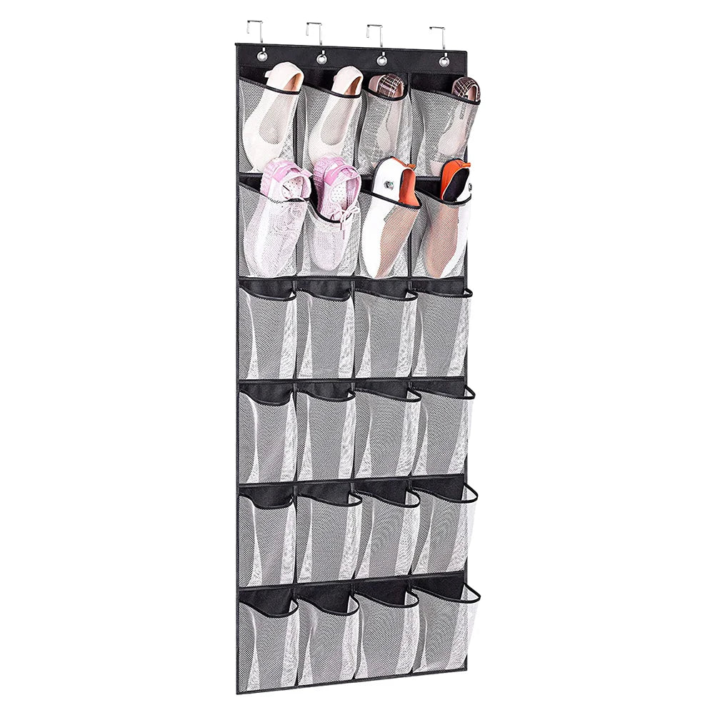 24-Pocket Clear-View Hanging Shoe Organizer with 4 Metal Hooks — Over-the-Door Wall Storage Bag
