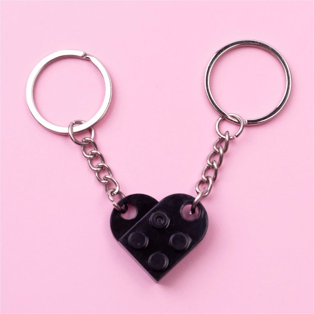 2-Piece Love Heart Brick Keychain Set - Matching Couple and Friendship Building Block Key Rings, Valentine’s Day Gifts