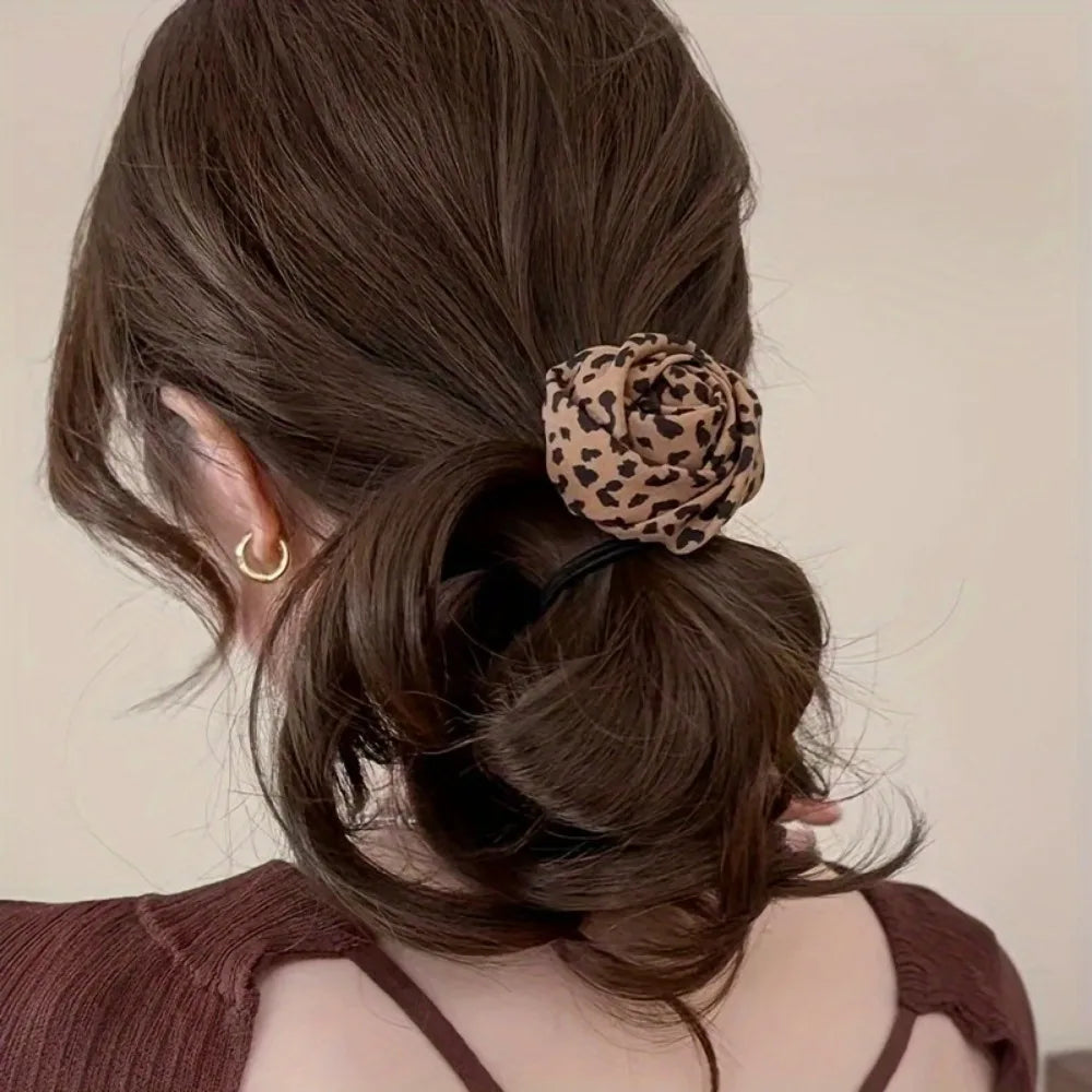 Leopard Rose Hair Ties - 1/2-Piece Elastic Floral Ponytail Accessories