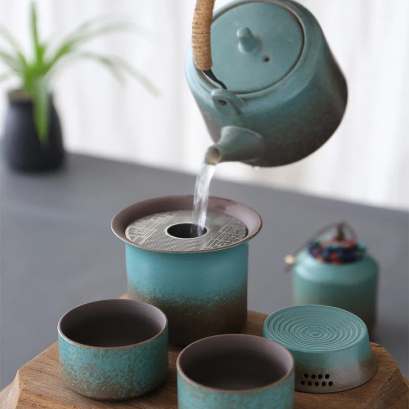 Kiln-Change Vintage Spring Green Pottery Tea Set – 1 Pot & 4 Cups, Simple Small Set for Outdoor or Tea Room