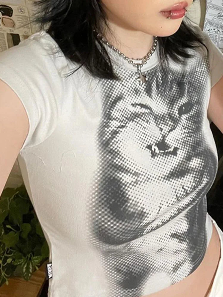 Harajuku Animal Print Crop Top - Women’s Y2K Vintage White Short Sleeve Slim Fit Casual T-Shirt