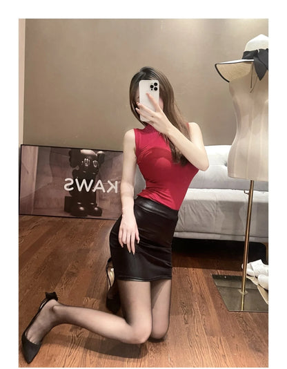 WOMENGAGA Leather Matte Slim Mini Skirt - High Waist, Sexy Fashion PU Skirt for Nightclub & Streetwear