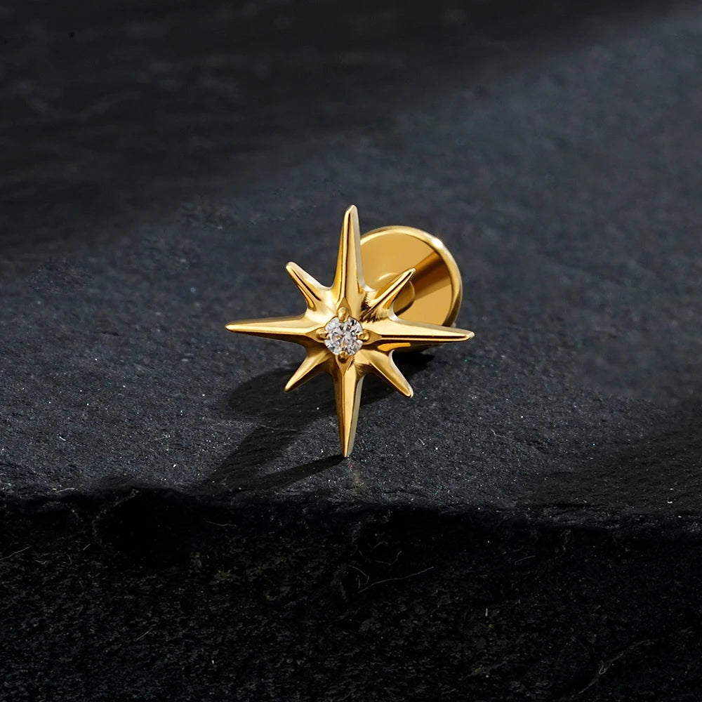 Right Grand ASTM F136 Titanium CZ North Star 16G Flat Back Earring – Tiny Starburst Helix, Cartilage & Earlobe Stud Piercing Jewelry