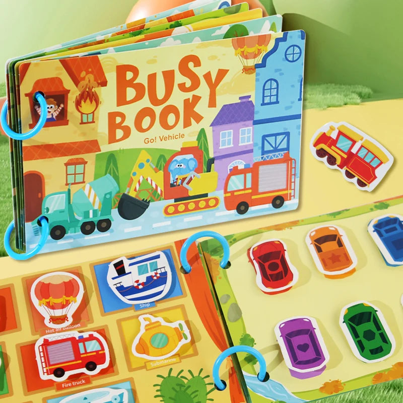 Kids Busy Book – Interactive Learning Sticker Book with Animals, Vehicles & Dinosaurs, Matching Numbers & Letters Activity Toy