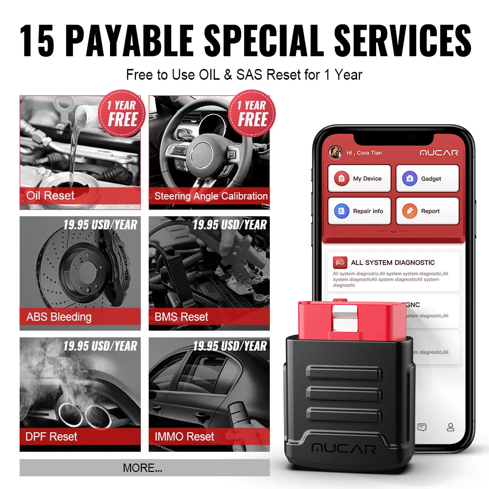 MUCAR BT200 OBD2 Automotive Diagnostic Scanner – Bluetooth/WiFi Car Tool with 15 Reset Functions