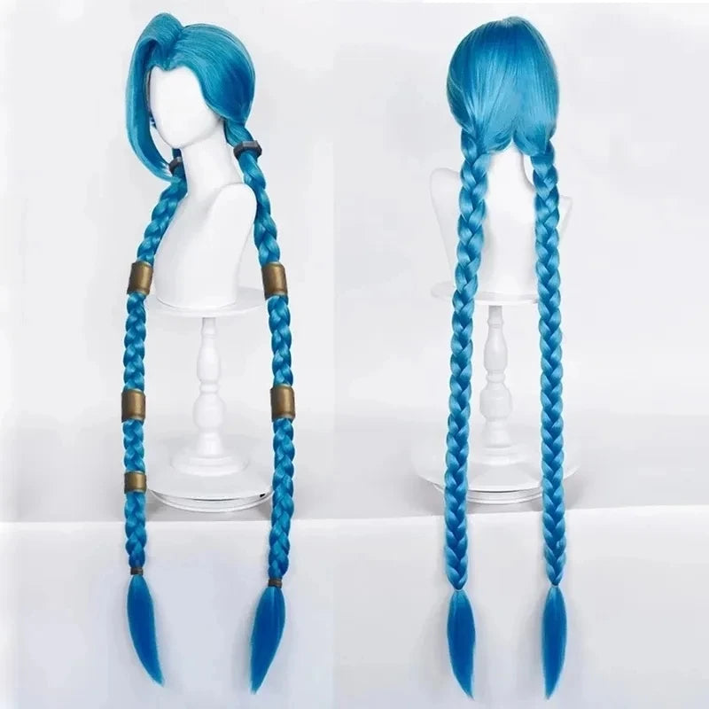 LOL Jinx Cosplay Wig – Long Braided Blue The Loose Cannon Wig, Heat Resistant Synthetic Anime Hair with Blue Braid