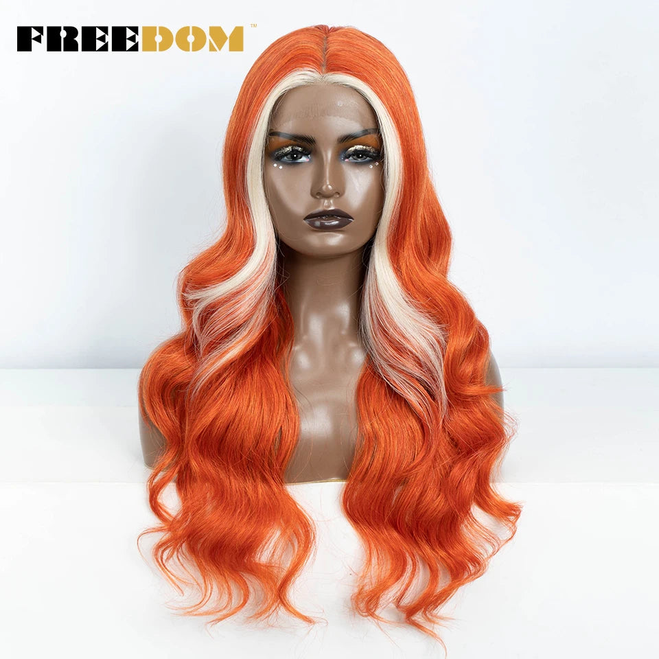 FREEDOM 26-Inch Synthetic Lace Front Wig for Women — Honey Brown Body Wave with Ombre Blonde Highlights, Cosplay & Fashion Wig