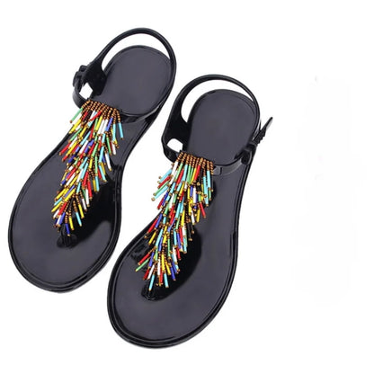 Women's Black Crystal PVC Flip-Flop Sandals – Low Heel Summer 2024 Luxury Footwear