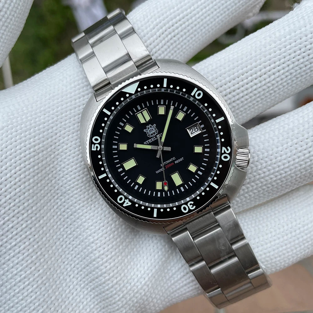 Steeldive SD1970 Men’s Automatic Dive Watch — 200M Waterproof, White Date Background, AR Coating Sapphire Glass, NH35 Black Dial Turtle Design