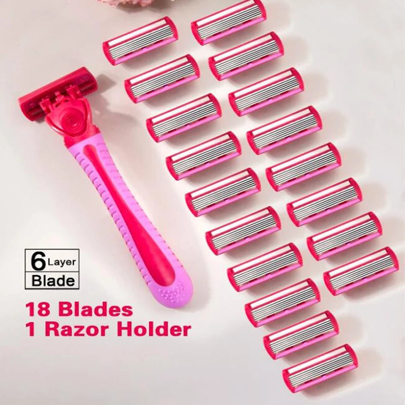 Women’s Manual Safety Razor Set – 1 Handle + 18pcs 6-Layer Stainless Steel Replaceable Blades