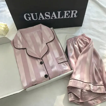 Women's Plus Size Satin Pajamas Set – Elegant Striped Long Sleeve Button-Up Top and Pants Loungewear
