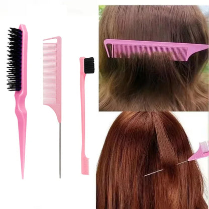 3PCS Hair Styling Comb Set – Teasing Brush, Rat Tail Comb, Edge Brush & Braid Tool for Hair Styling