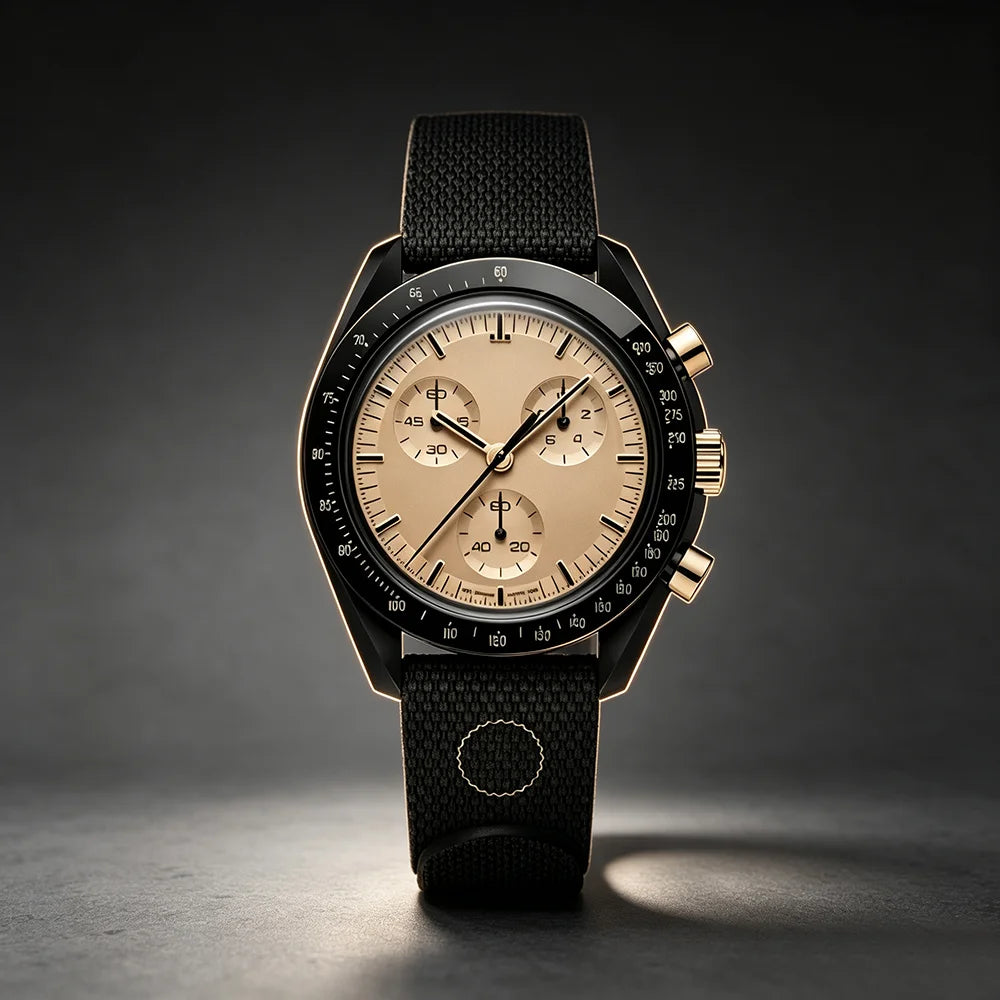 1969 Lunar Landing MoonSwatch Style Quartz Watch - Black Case Gold Dial Limited Edition Design