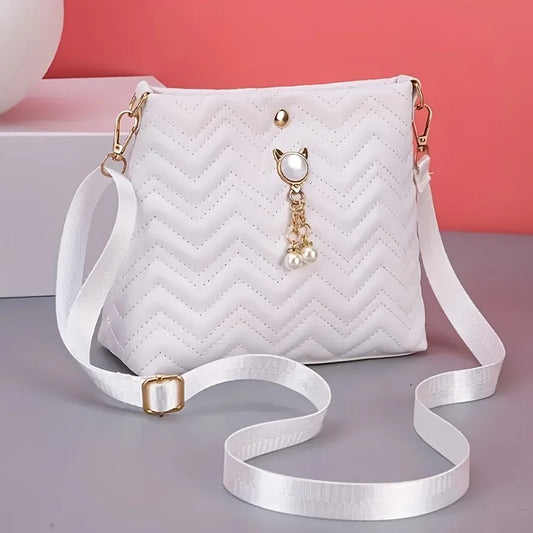 Women's Quilted Crossbody Bag - Cat Pearl Pendant Shoulder Purse Elegant Handbag for Gifts & Daily Style