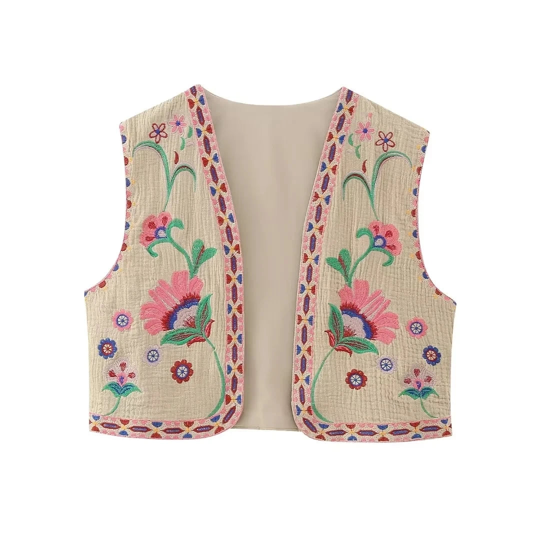 KEYANKETIAN Women's Vintage Floral Embroidered Open Waistcoat – National Style Vest Jacket, Casual Vacation Crop Top