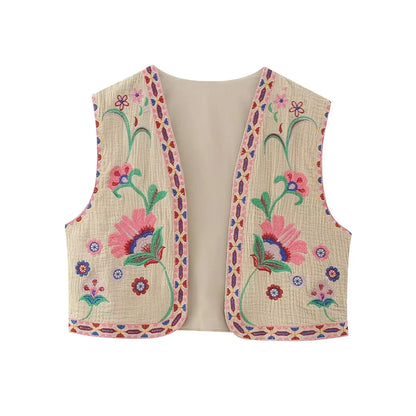 KEYANKETIAN Women's Vintage Floral Embroidered Open Waistcoat – National Style Vest Jacket, Casual Vacation Crop Top