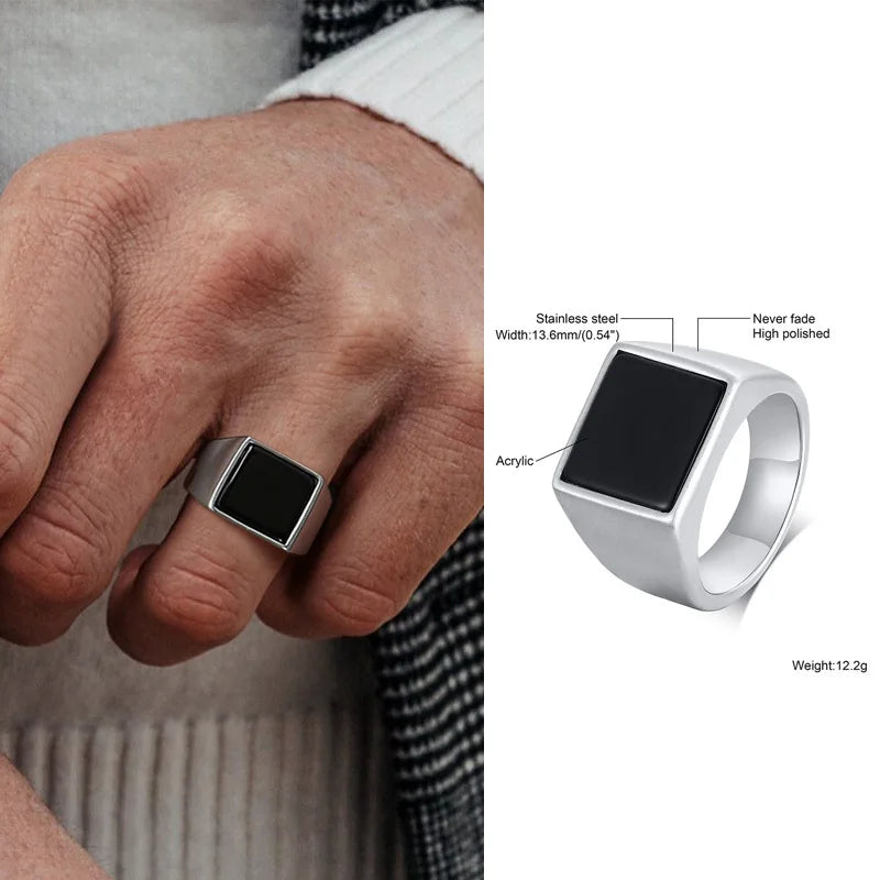 Punk Vintage Ethnic Rings for Men – Retro Viking Knot Rune, Black Geometric Square Stone Signet Jewelry