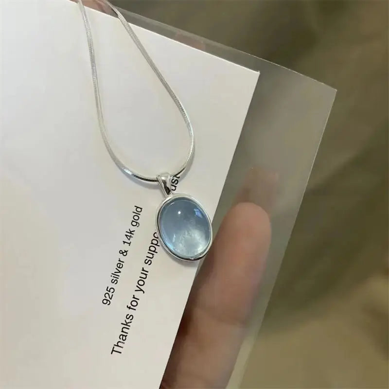 Retro Oval Aquamarine Pendant Necklace — Simple Luxury Snake Chain Jewelry for Women & Girls, Fashionable Gift Accessory