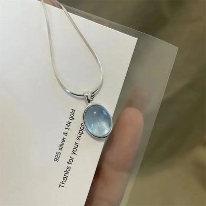 Retro Oval Aquamarine Pendant Necklace — Simple Luxury Snake Chain Jewelry for Women & Girls, Fashionable Gift Accessory