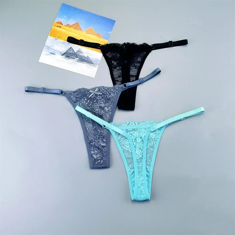 Women's Transparent Lace Thong Set - 3PCS Adjustable Low Waist Sexy T-Back Underwear