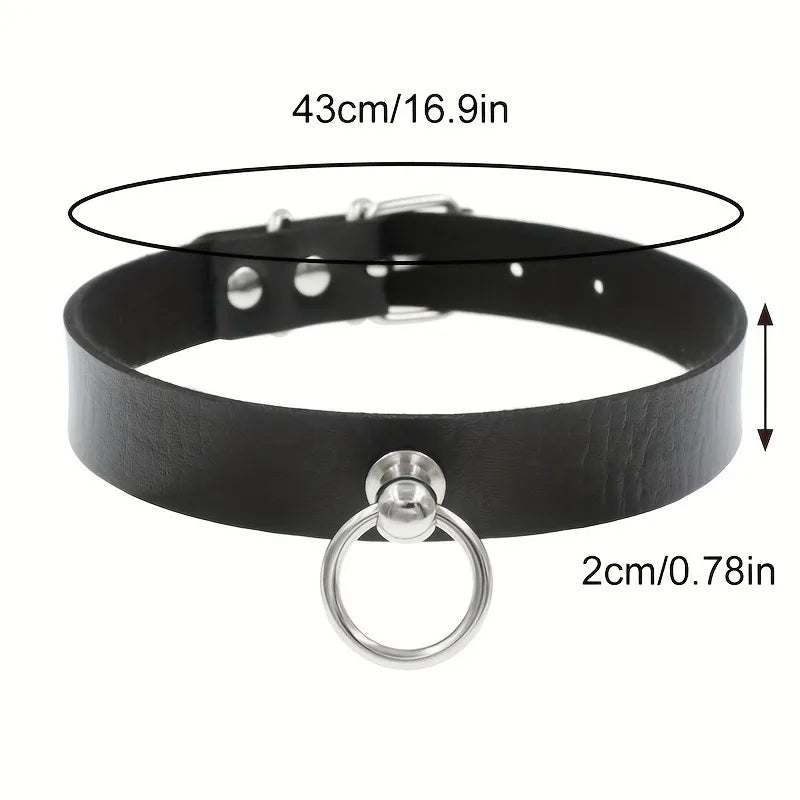 Gothic Punk PU Leather O-Ring Choker - Adjustable Collar Necklace for Women, Halloween & Alternative Fashion