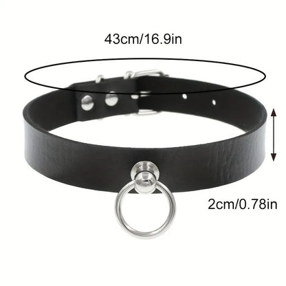 Gothic Punk PU Leather O-Ring Choker - Adjustable Collar Necklace for Women, Halloween & Alternative Fashion