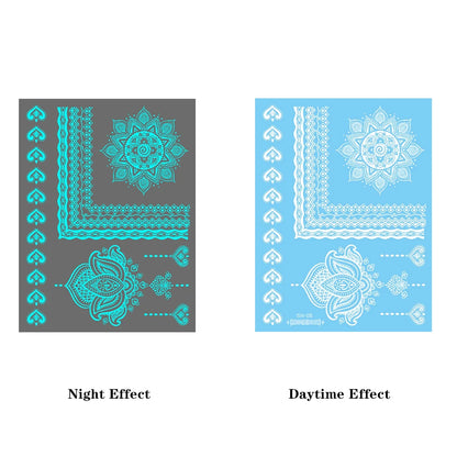 Blue Luminous Glow Henna Temporary Tattoo Stickers – Waterproof Mandala Lace Floral Body Art for Women & Men