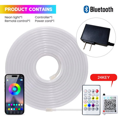 EU Plug DC24V RGB Neon LED Strip – 3535 Bluetooth Music Sync Waterproof Rope Light, 5-30M for Indoor & Outdoor Decor