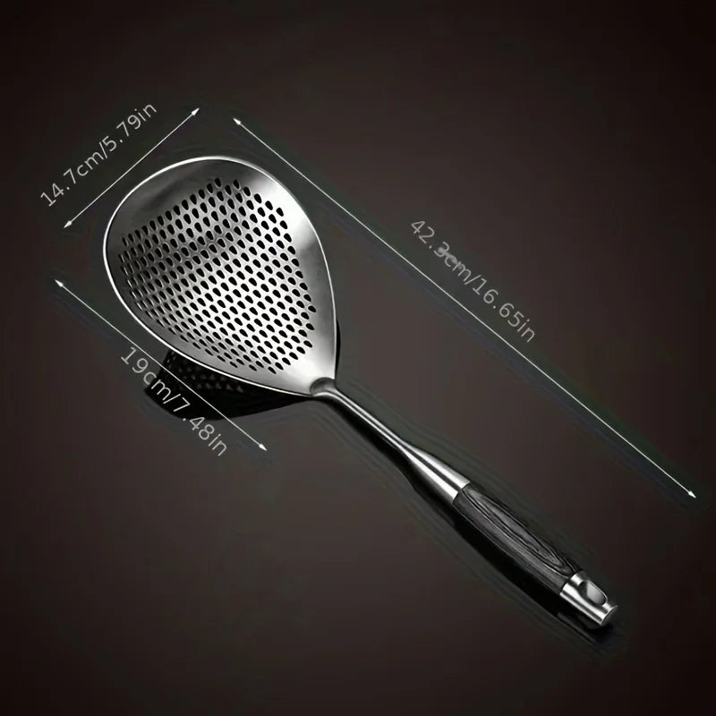 201 Stainless Steel Kitchen Strainer with Wood Handle – Pepper Seasoning Colander, Sieve & Cooking Scoop Spoon