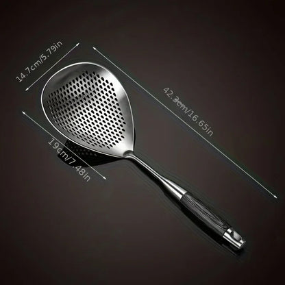 201 Stainless Steel Kitchen Strainer with Wood Handle – Pepper Seasoning Colander, Sieve & Cooking Scoop Spoon