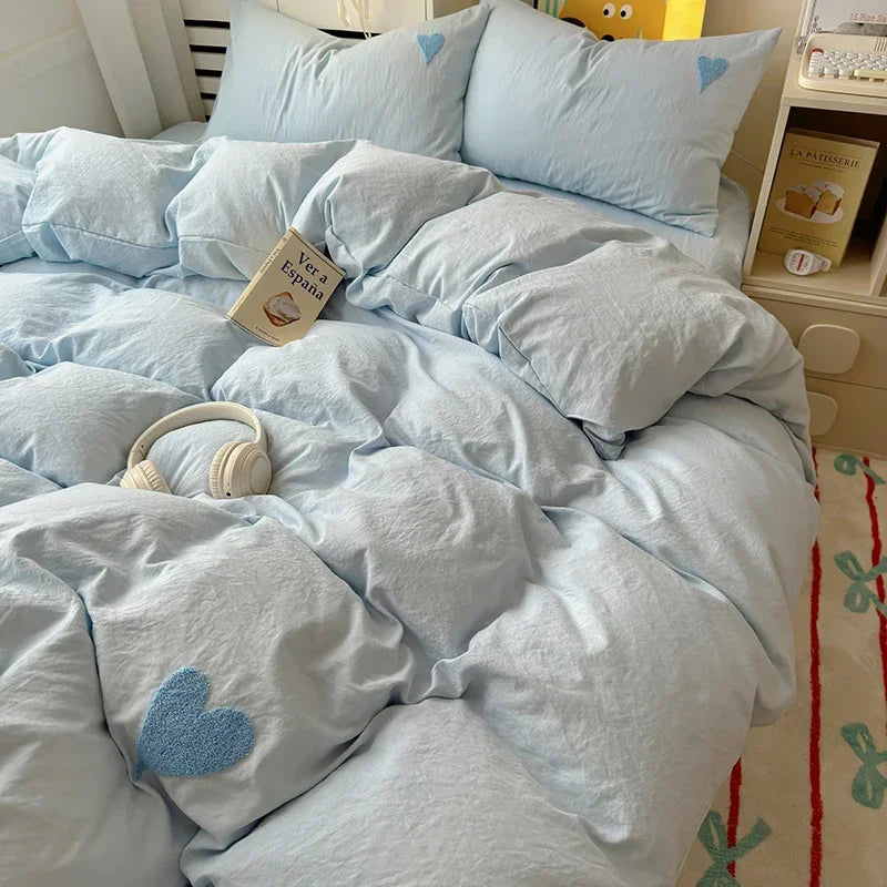 Washed Cotton Bedding Set - Soft Cool Duvet Cover, Bed Sheet & Heart-Shaped Towel Set