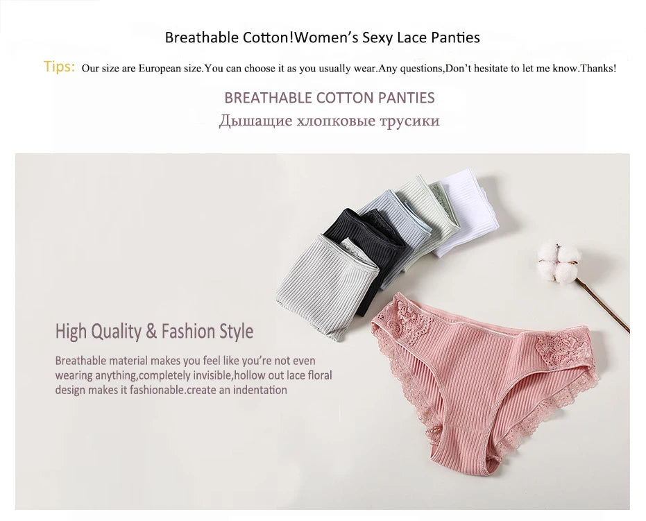 Floral Lace Cotton Women’s Panties - Comfortable Briefs, Solid Color Underwear, 3PCS/Set, Sizes M-XXL