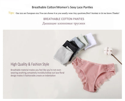 Floral Lace Cotton Women’s Panties - Comfortable Briefs, Solid Color Underwear, 3PCS/Set, Sizes M-XXL