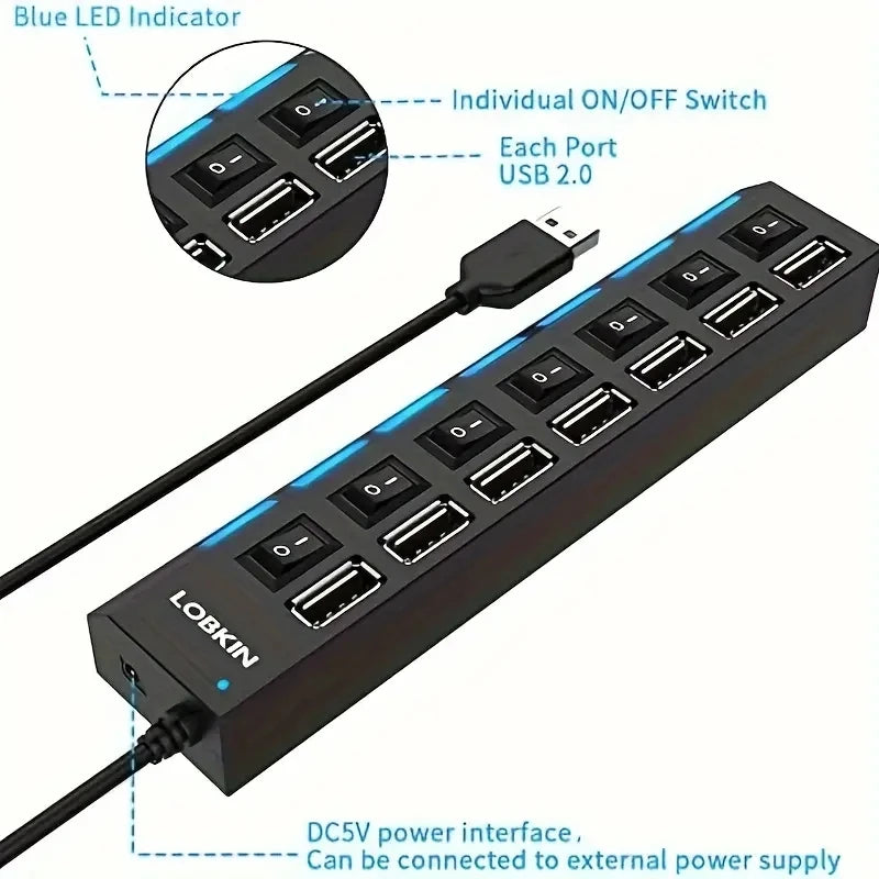 High-Speed USB 2.0 Hub with 4 or 7 Ports - Multi-USB Splitter with LED Indicator and Individual Switches for PC and Laptop