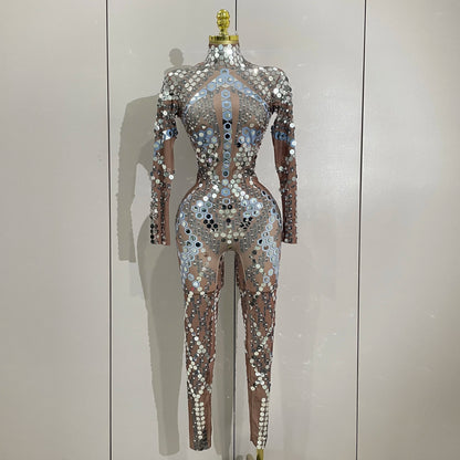 Sexy Shiny Silver Sequin & Black Spandex Jumpsuit — 2025 Women’s Prom, Dancer & Stage Performance Costume