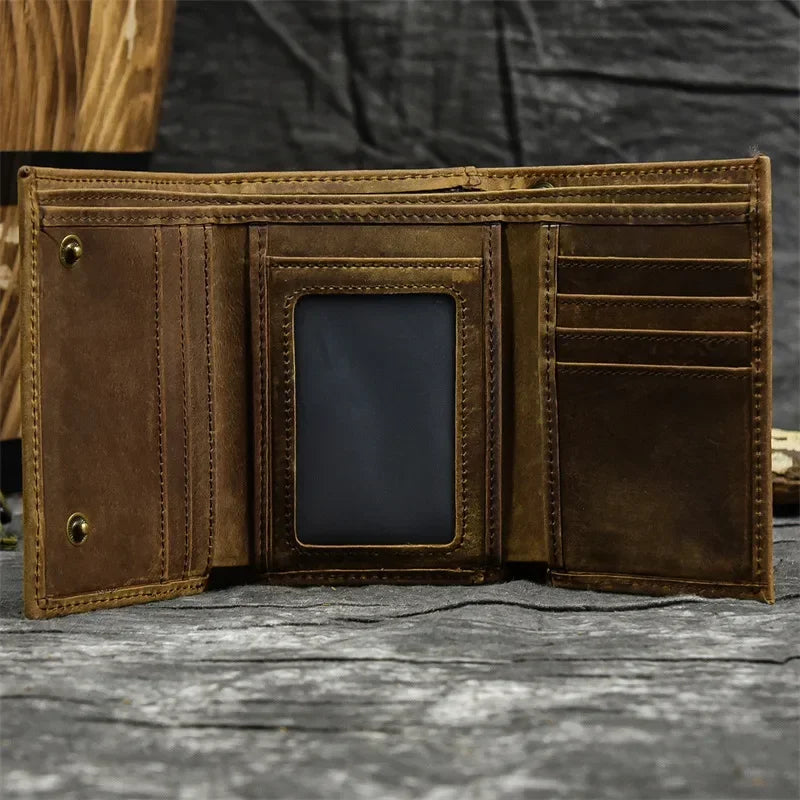 Men's Genuine Leather Short Wallet with Chain – Zipper Clutch, Trifold Purse, Card Holder & Coin Purse for Men