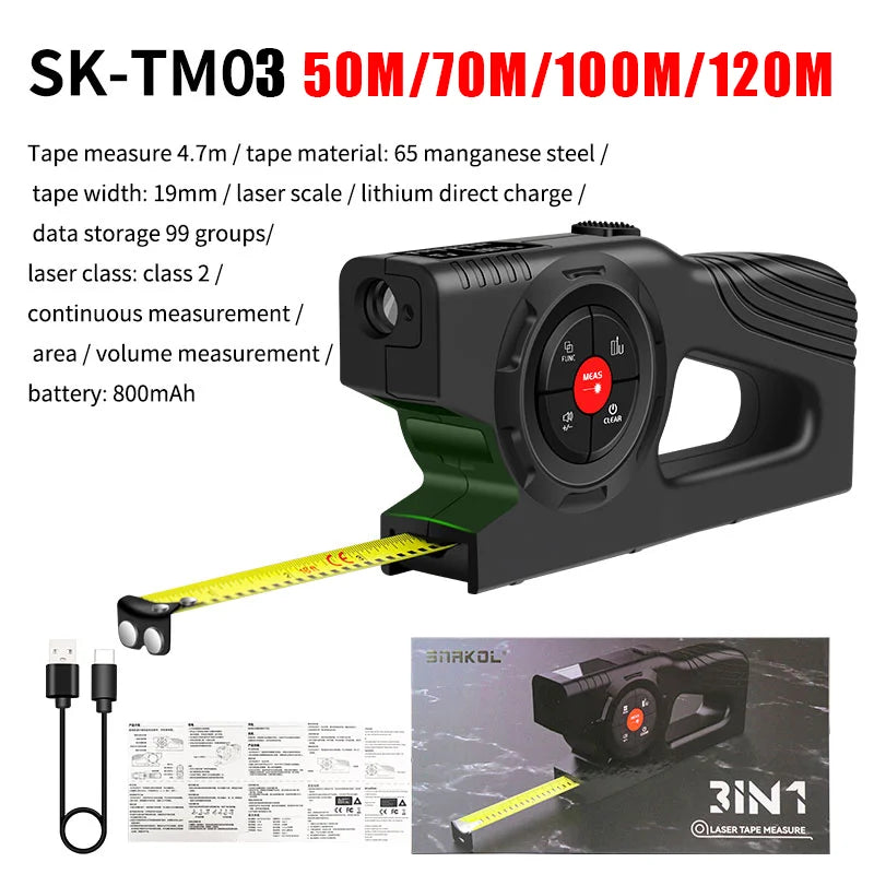 3-in-1 120M Laser Rangefinder Tape Measure – LCD Backlight Digital Distance Meter Ruler for Construction & Building Measurement