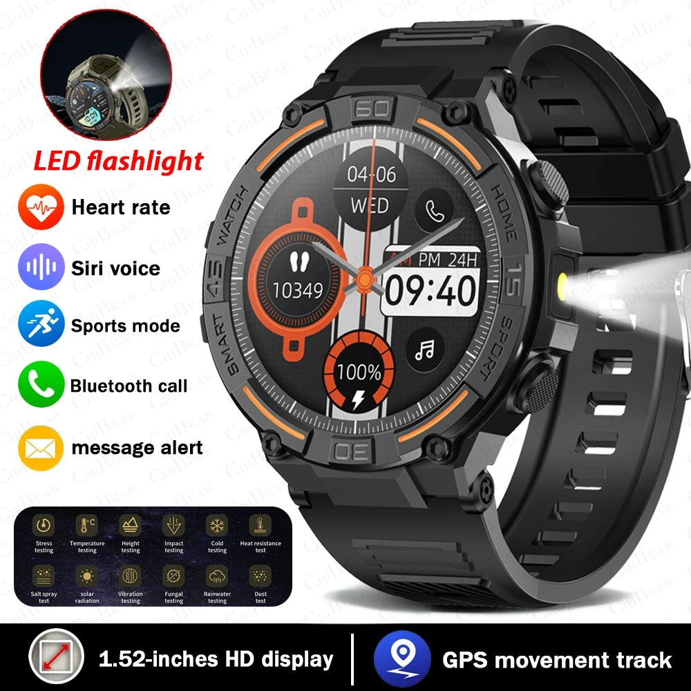 Military Smartwatch for Men – 360x360 HD Screen, Flashlight, Heart Rate, Health Monitor, Waterproof, BT Call for Android & iOS