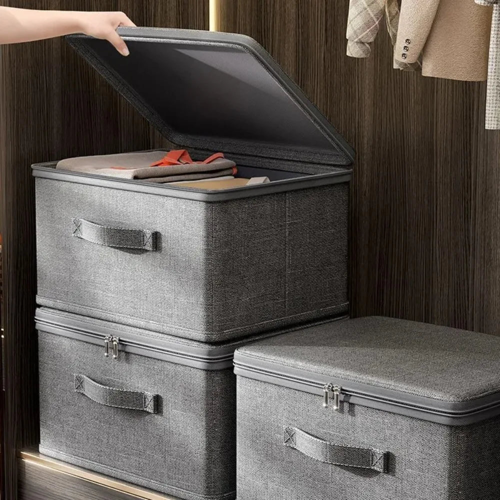 Foldable Linen-Look Storage Box - Large Zipper Wardrobe Organizer Bin for Clothes, Sweaters & Household Items