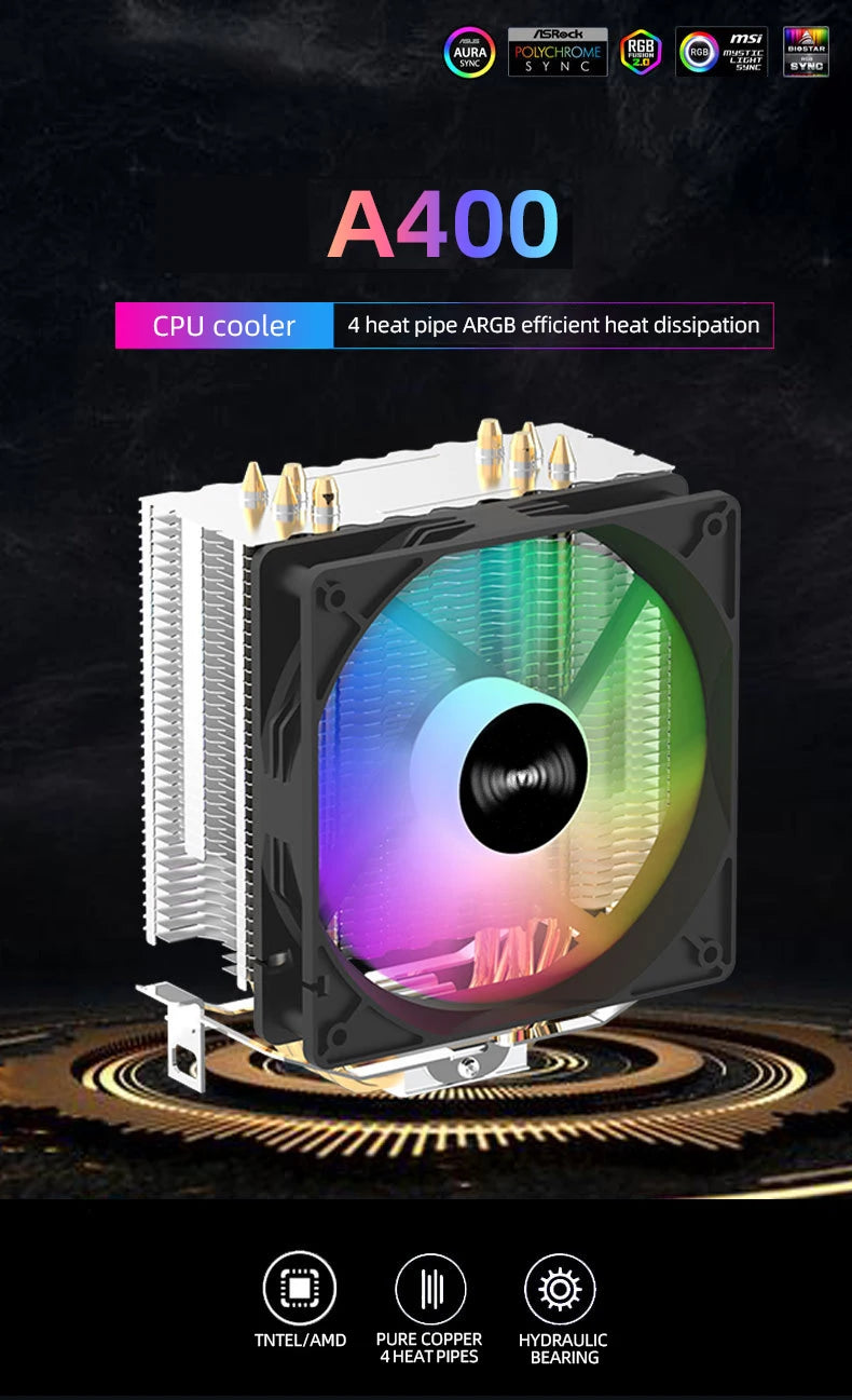 TEUCER CPU Cooler — 4 Heat Pipe Radiator with 3-Pin PWM Silent RGB Fan for Intel LGA 1700/1150/1155/1156/1366 & AMD AM2/AM3/AM4