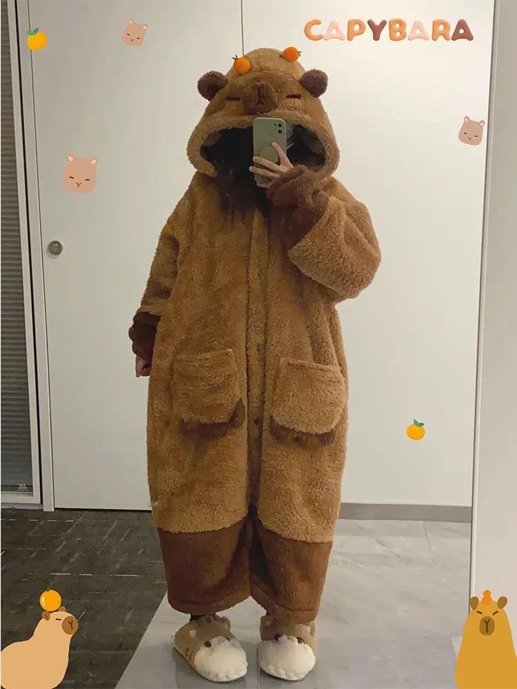 Winter Capybara Cosplay Costume - Adult Kigurumi Unicorn Onesie, Anime Nightgown, Halloween Cartoon Pajamas & Sleepwear