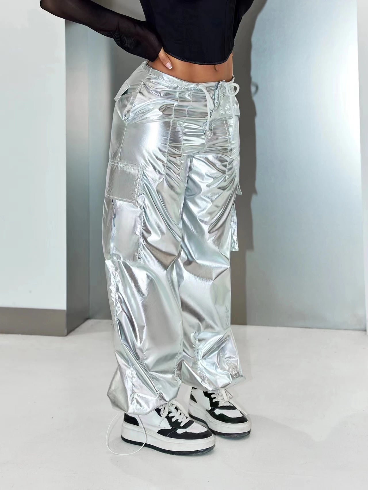Y2K Street Style Wide Leg Cargo Pants – Silver Metallic Flap Pocket Drawstring Waist Parachute Festival Outfit