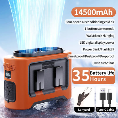 Socoolfan 14500mAh Portable Waist & Neck Fan – Dual Air Vent Strong Cooling Fan for Outdoor Work, Travel & Sports