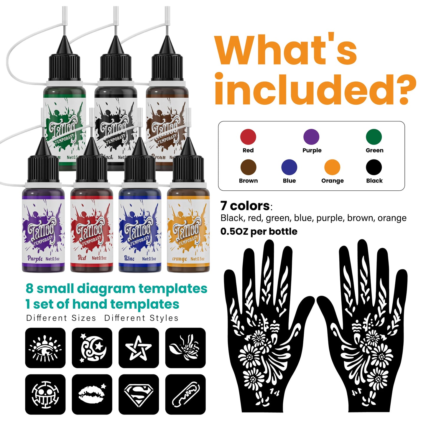 Temporary Tattoo Kit — 7 Mixed Color Pastes with 6 Stencil Designs, Easy-to-Use Henna Semi-Permanent Tattoo Set