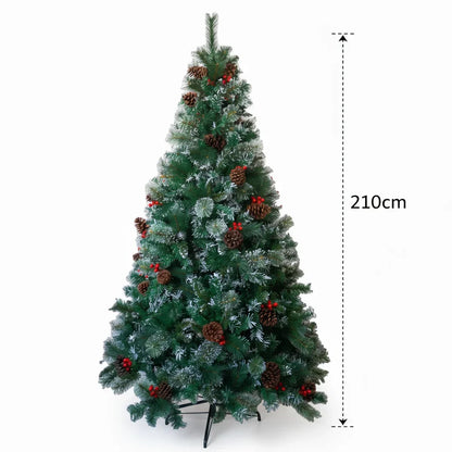 6/7FT Realistic Green Artificial Christmas Tree – Unlit with Pinecones & Holly Berries, Quick Setup with Metal Stand