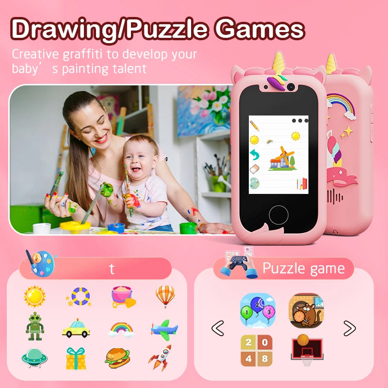 Children's Educational Phone Toy – Musical Unicorn Baby Mobile with Selfie Camera, 512MB TF Card, Birthday Gift for Babies